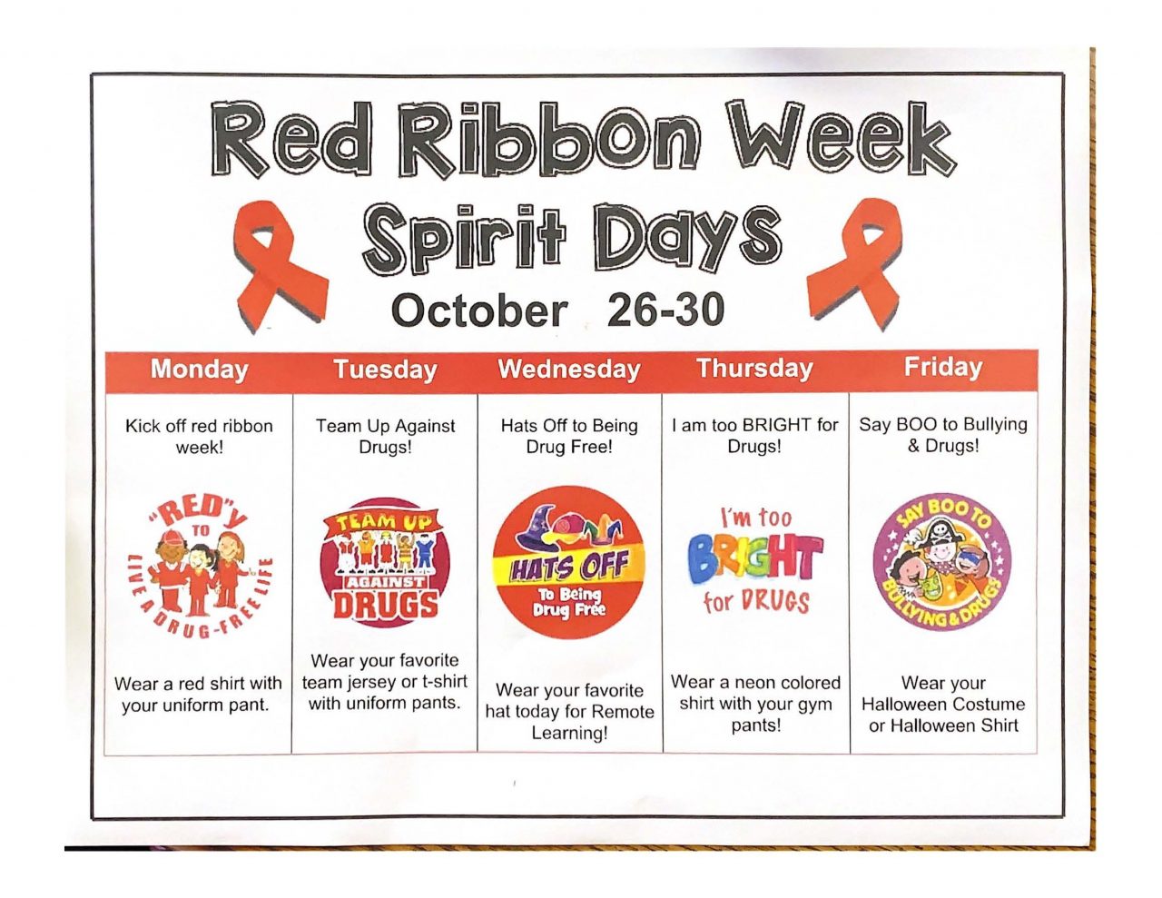 Printable Red Ribbon Week Activities 2023 Calendar Printable