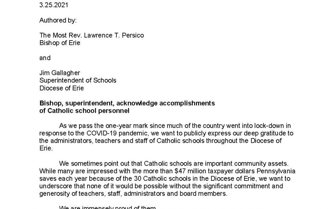 Bishop, superintendent, acknowledge accomplishments of Catholic school personnel